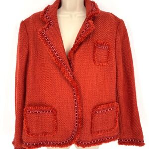 Dialogue Boucle Tweed Wool Blend Blazer Burnt Orange Frayed Edge Size 16 PLUS